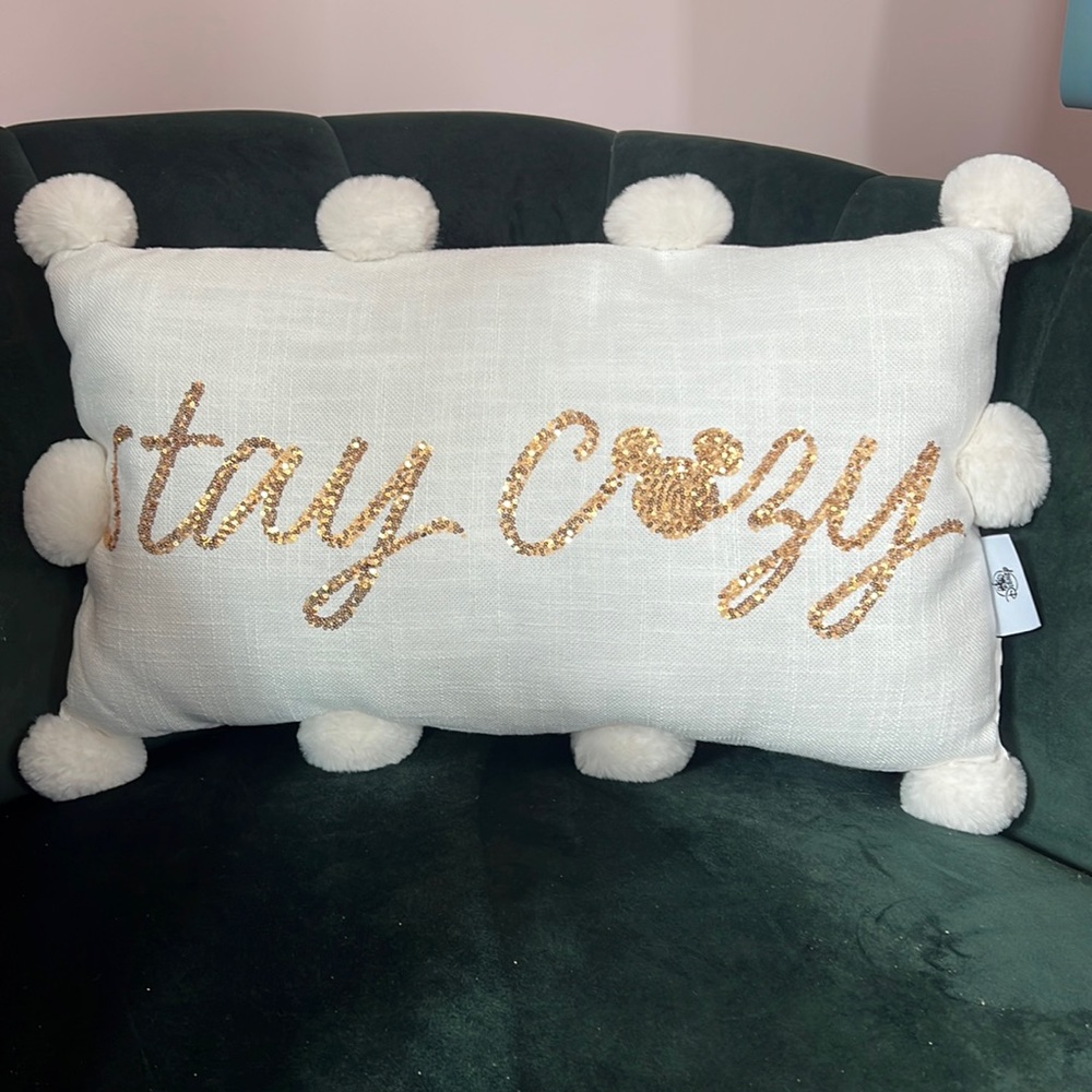 Official Disney Christmas White Pom Pillow - “Stay Cozy” with Mickey Mouse